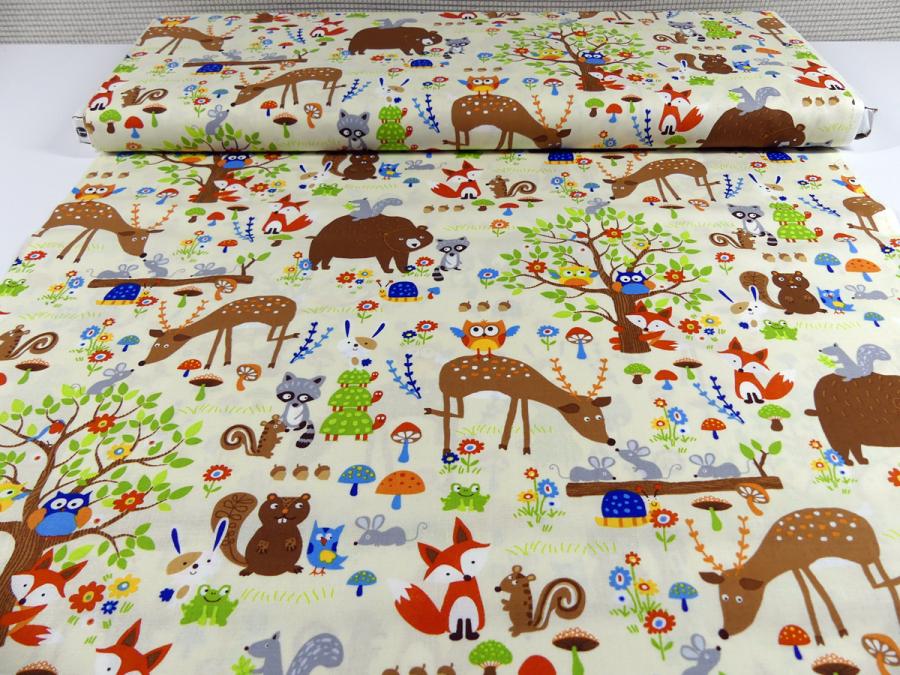 Preview: Waldtiere Patchworkstoff Bär, Maus, Hirsch, Vogel